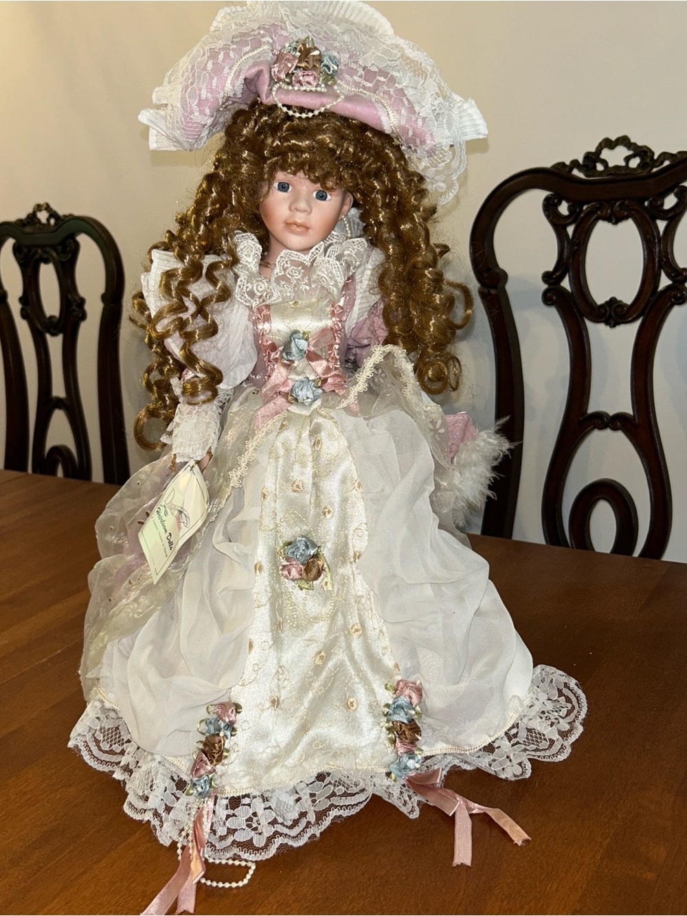 Duck House Heirloom Porcelain Fashion Doll Curly Hair White & Pink Lace Gown